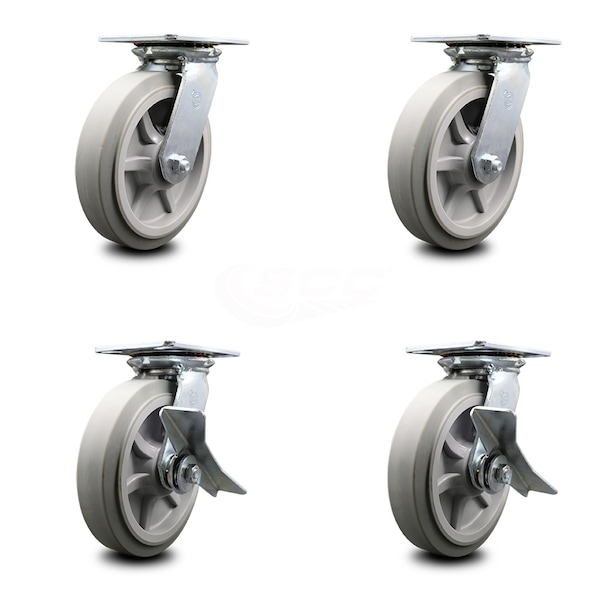 8 Inch Thermoplastic Rubber Swivel Caster Set with Roller Bearings 2 Brakes SCC